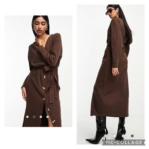 NEW ASOS DESIGN super soft button up maxi cardigan belted dress chocolate brown